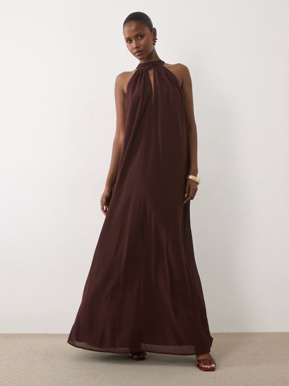 Lace & Beads sleeveless choker detail trapeze maxi dress in chocolate